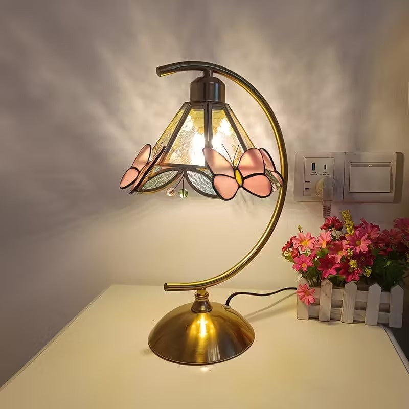 Okrągła Lampa Stołowa ze Szklanym Abażurem